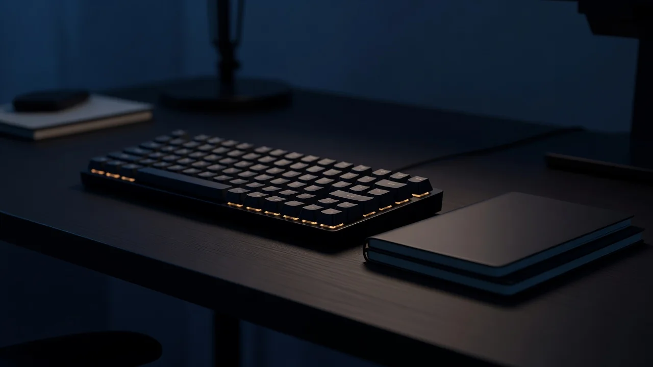 無刻印キーキャップのキーボードと隣に重ねた閉じたノート