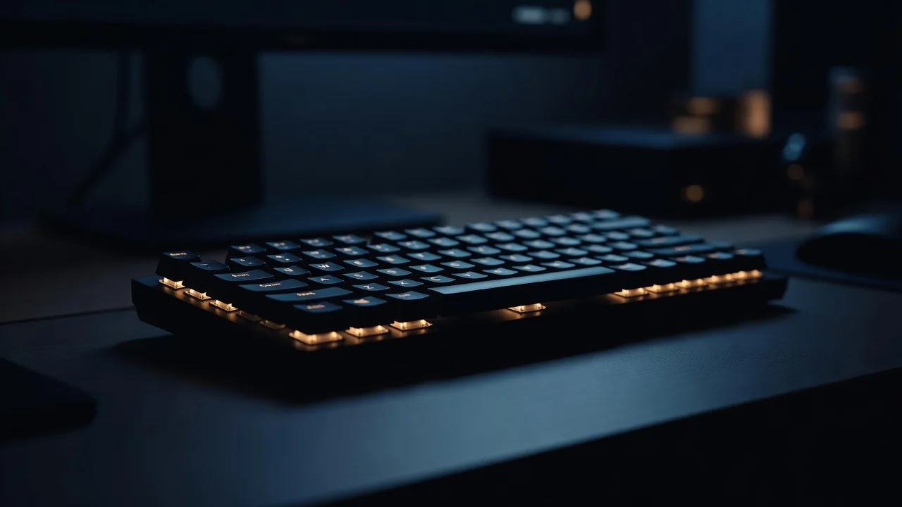 無刻印キーキャップの黒いキーボードを斜めから寄りで撮影