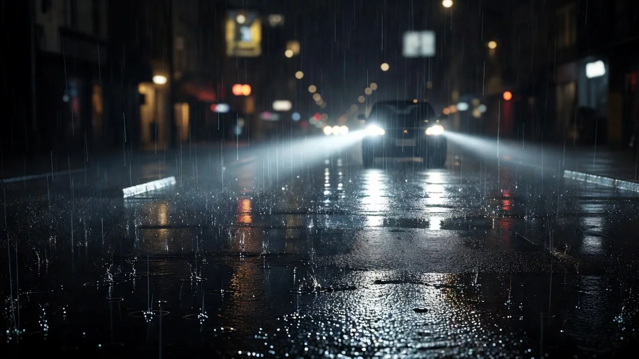 雨の夜間走行でのヘッドライト照射