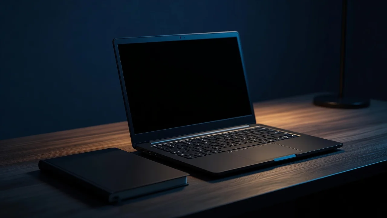 夜のデスクで画面を消したノートパソコンと閉じたノート